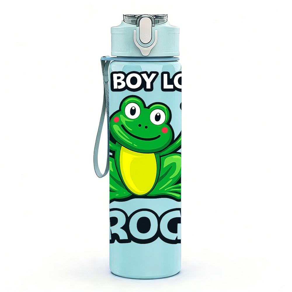 1PC This Boy Loves Frogs Cartoon Print 750ml Color Plastic Sports Water Bottle Leakproof Flip Straw Lid Suitable for Sports Office Home Use