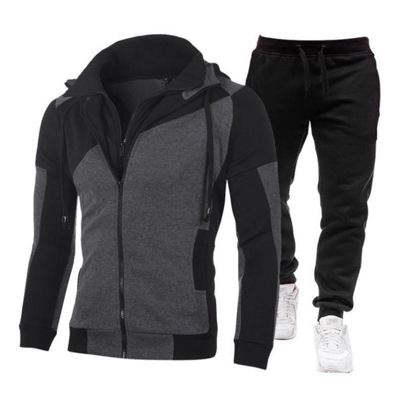 Men's Spring/Autumn Sporty Patchwork Jacket & Long Pants Set with Hood