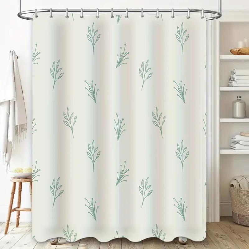 Modern Bathroom Decor Shower Curtain with Cute Leaf Design for Bathtub White Green Leaves Pattern Waterproof Washable Custom Siz