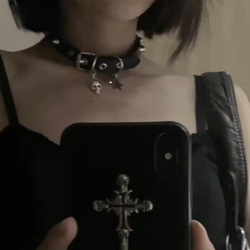 Dark Punk Y2K Subculture Babes Pentagram Skull Necklace Chocker Neck Collar Couple Halloween
