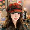 Plaid Octagonal Hat Women's Winter Literary and Retro Ankara Red Beret Cap Warm Face Newsboy Hat