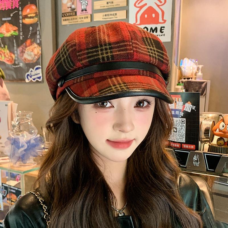 Plaid Octagonal Hat Women's Winter Literary and Retro Ankara Red Beret Cap Warm Face Newsboy Hat