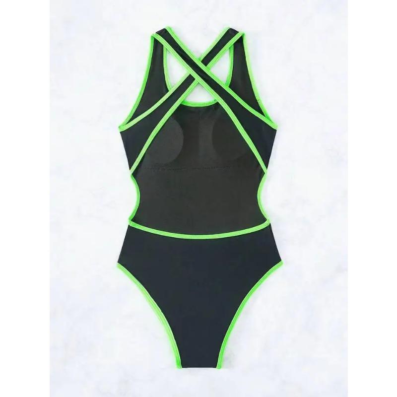 Sexy Neon Grün Schwarz Patchwork Bademode Damen Ausgeschnitten Überkreuzter Rückenfreier Badeanzug Schlank Bauchkontrolle Einteiliger Badeanzug 2025