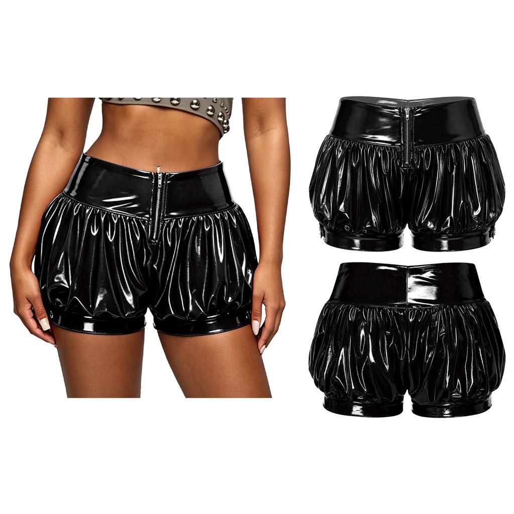 Women Ruched Patent Leather Hot Pants Bubble Shorts Front Zip High Rise Bottoms for Stage Performance Rave Party Club