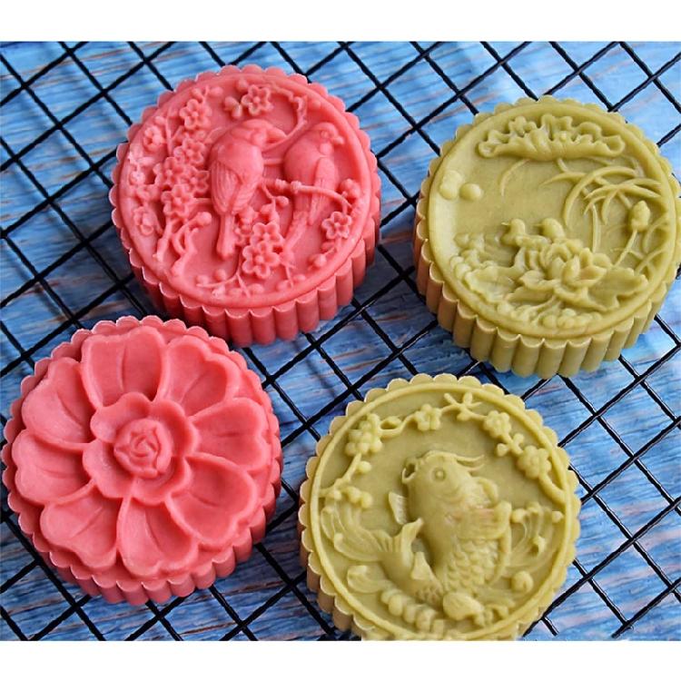 Chinese Traditional Mid-Autumn Mooncake Mold Set 4Pcs Different Round  Flower Patterns for Mooncake Biscuit Stamping