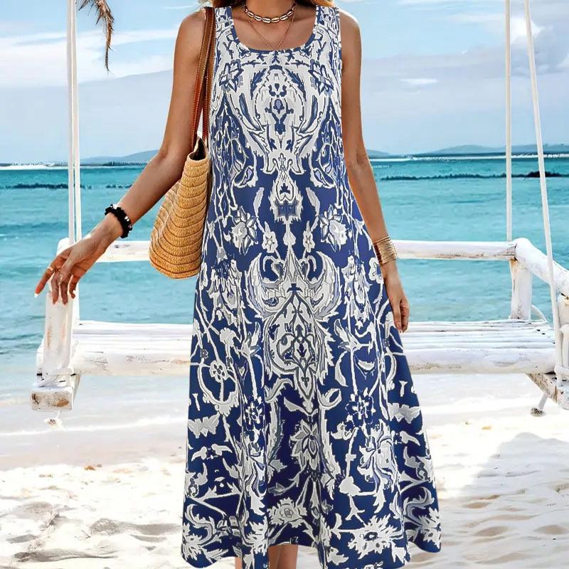 

Богемное цветочное платье макси - Круглый вырез, без рукавов, курортное 2XL синий