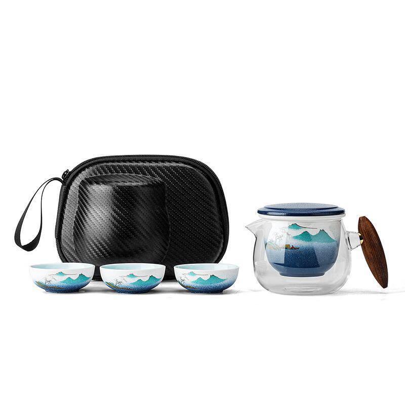 

JANLA Travel Kung Fu Tea Set with Glass Teapot, Blue & White Landscape Design