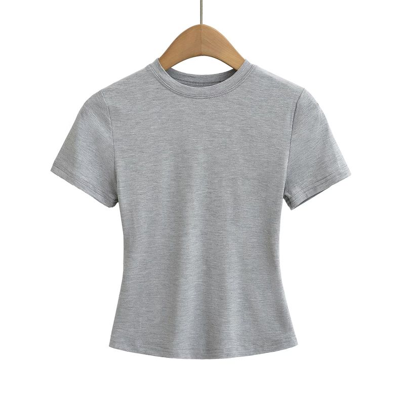 

Xiao Ru Sexy Tight Waist Kardashian Small round Neck Short Sleeve T-shirt Summer Slim Fit Skinny Stretch Short Bottoming Top Light flower Ash M