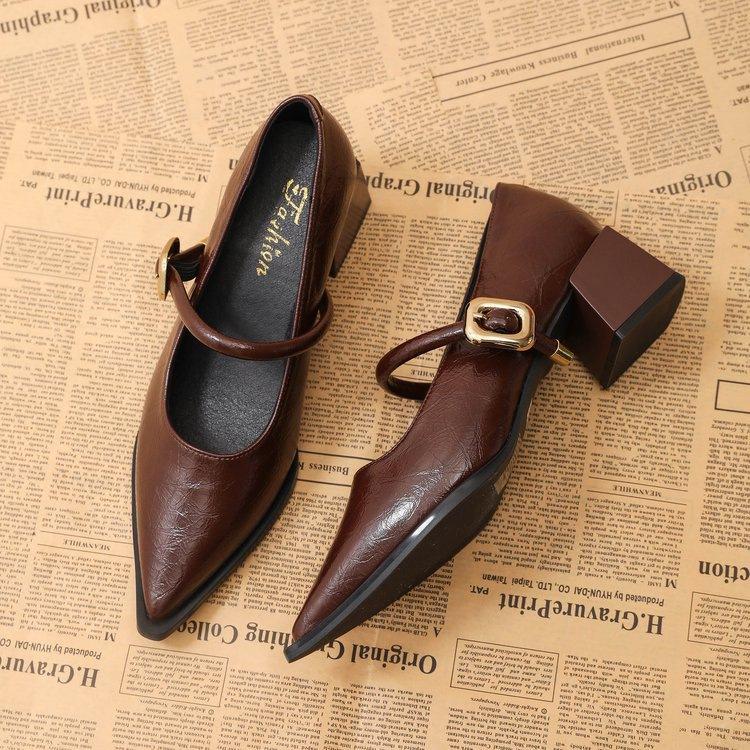 Autumn one-word pointed temperament high-heeled leather shoes women's new versatile retro Mary Jane single shoes