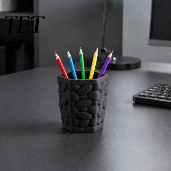 Creative Office Supplies Decor Pebble Texture Pen Holder, Hexagonal Desktop Organizer, Stable Anti-Tip 3D Modern Storage Container Printed PLA Cup for