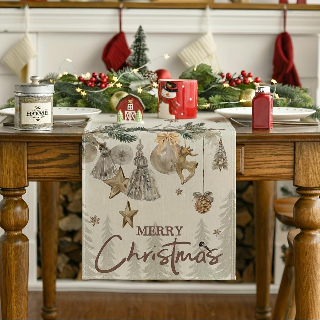 1 Piece Christmas Pine Snowflake Decorated Table Runner Seasonal Winter Kitchen Dining Home Party Decoration