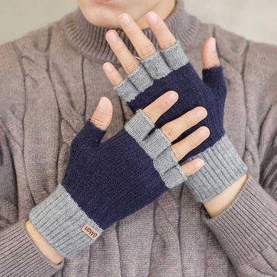 1 Pair Fall Winter Gloves Thickened Plush Color Matching Half Fingers Windproof Warm Elastic Indoor Outdoor Writing Typing Stude