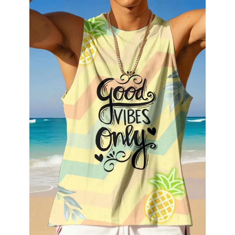 Summer Round Neck 3D Palm Leaf Printed Top Fashionable Casual Hawaiian Beach Sleeveless Vest Men's T-shirts