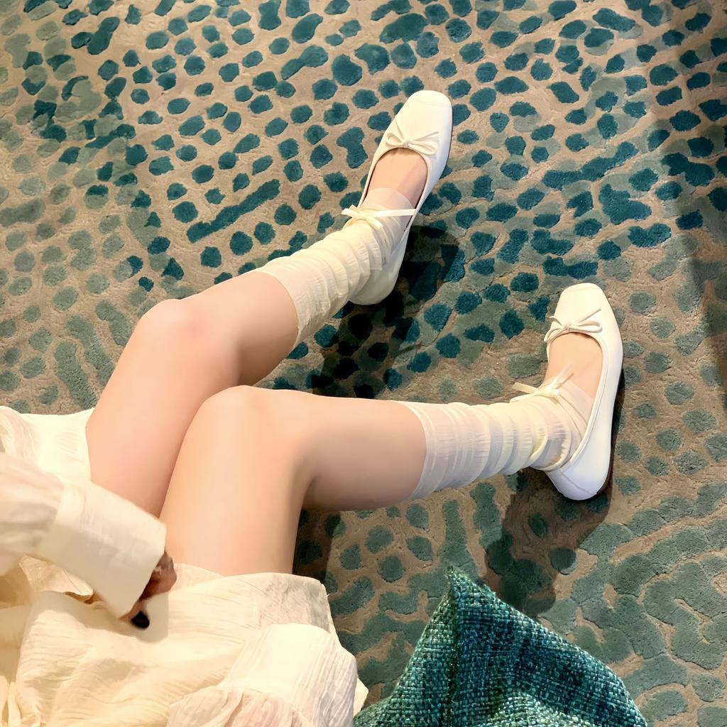 Sheepskin Version~ Leather Light Mouth Bow Showing Feet Small Flat Ballet Shoes Leather Single Shoes Women Mary Jane Ladyshoes