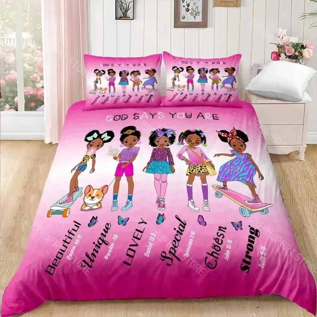 3D Print American Black Girl Duvet Cover Set,Black Girl Magic Bedding Set Full Size,Cute Little Afro Black Princess Comforter