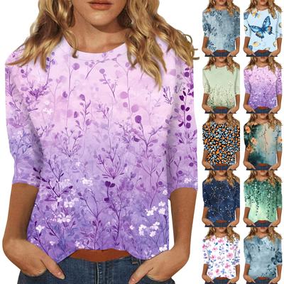 Damenmode Lässig Dreiviertelärmel Vintage Blumendruck Rundhals Oberteil