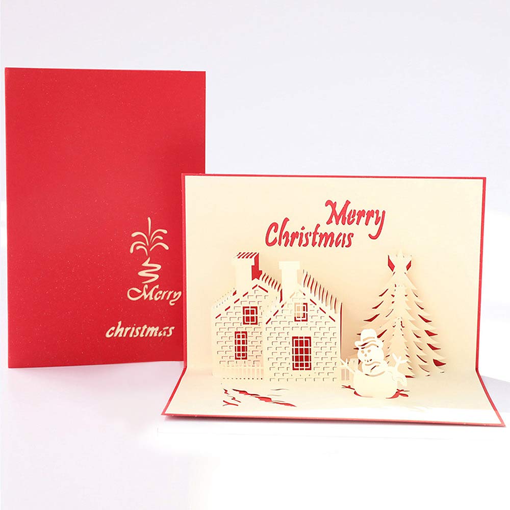 Moin Moin Christmas Merry Greeting Message Paper 3D Chimney White 2 Card, Pop-Up Cutout, Art, House, Tree, Snowman, Red, (Card + Envelopes)