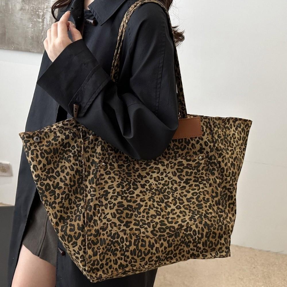 Large Capacity Leopard Print Shoulder Bag Square Women Handbag Simple Canvas Tote Bag  Shopping