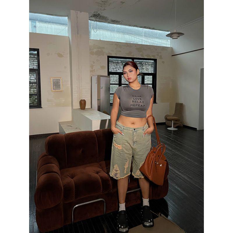 Nan Loose-Fit Raw Hem Ripped Denim Female New Arrival Summer Plus Size Plus Size Ladies High Waist Slim Looking Wide-Leg Half Pants Easiest for Match
