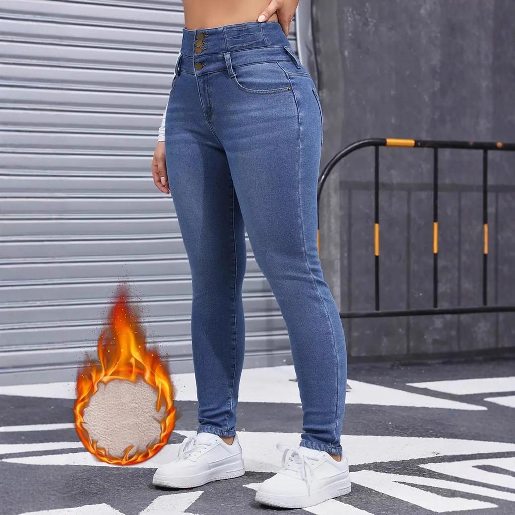 Women's Fleece-lined Jeans, Stylish, Casual, And Versatile Slim-fit Pants