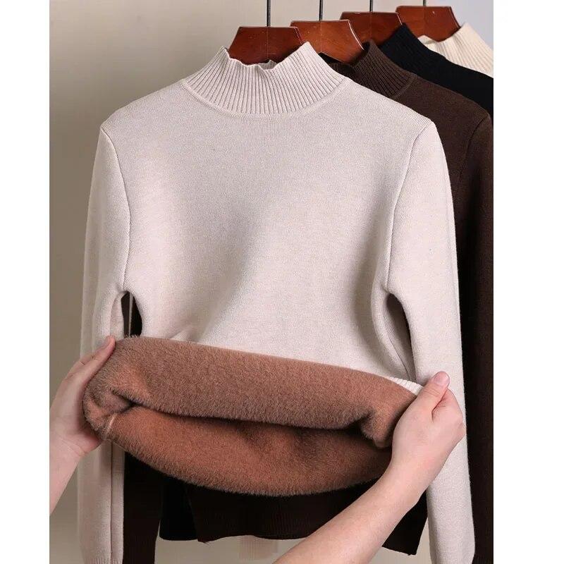 Winter Büro-dame Samt Gestrickte Warme Pullover Casual Lose Langarm Solide Hohe Kragen Pullover Frauen Mode Pullover 29555
