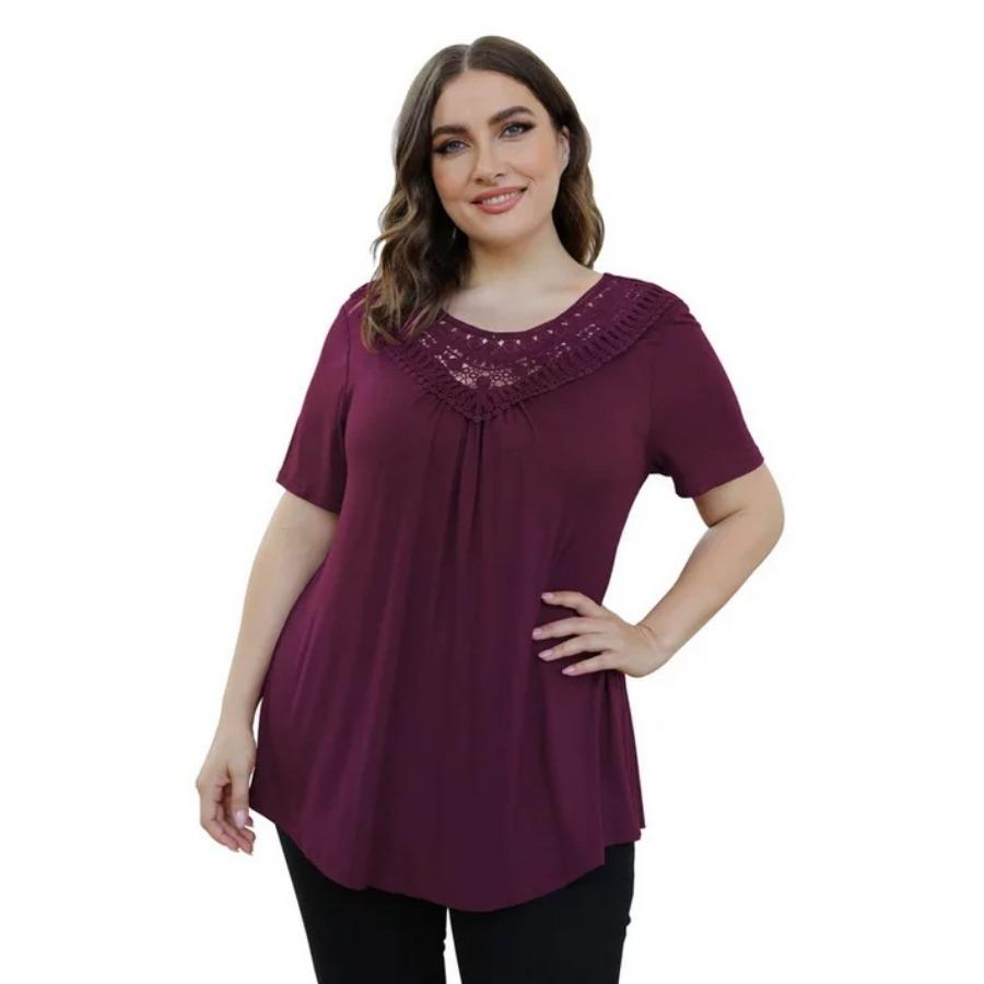 Short Sleeve Lace Hallow Out Patchwork Pleated A Line Casual T Shirt for Summer Women Plus Size Top