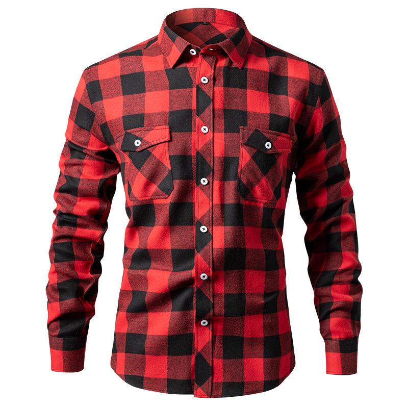 Mens Long Sleeve Plaid Shirt Turn Down Collar Chest Pocket Multiple Colors Checkered