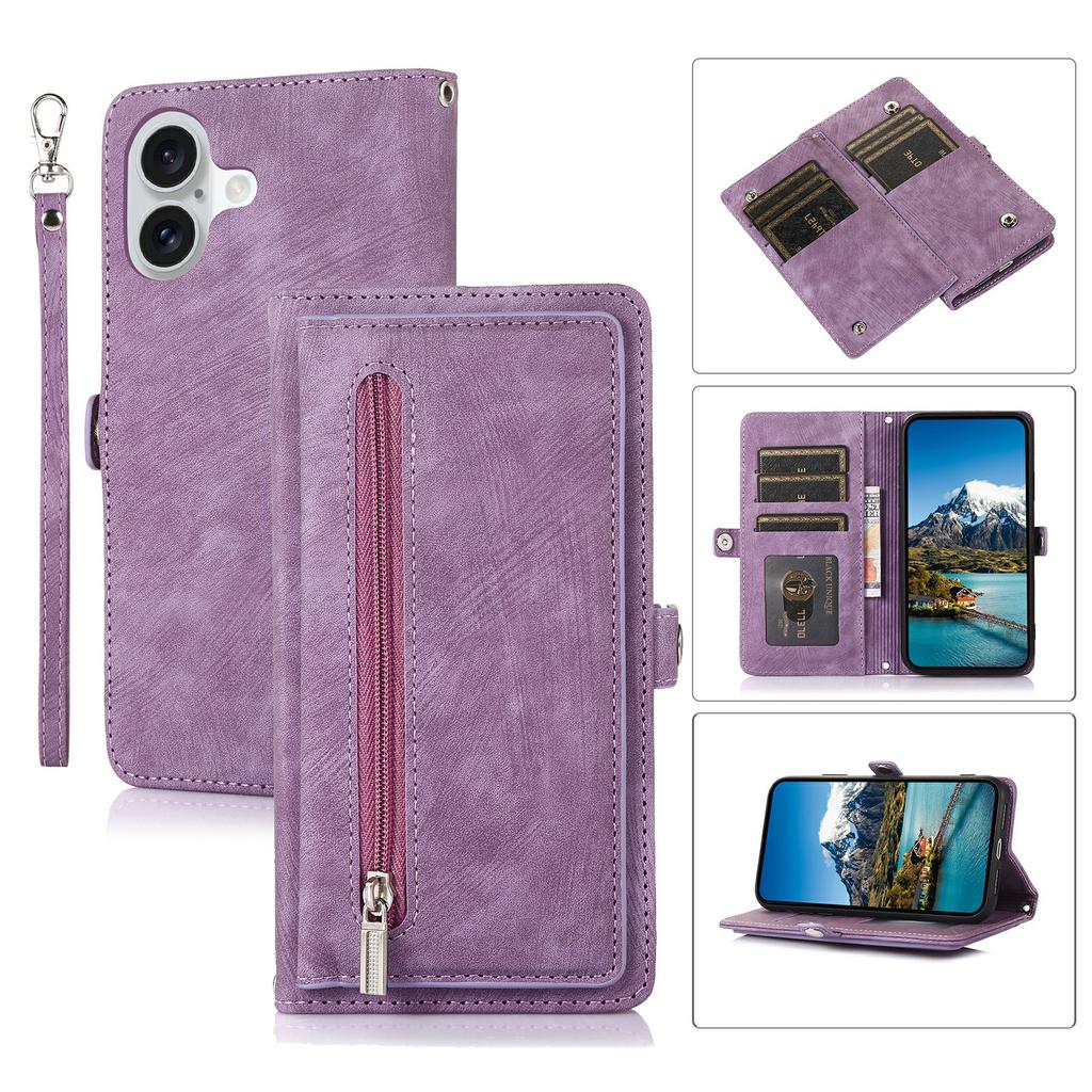 For iPhone 17 Case Zipper Pocket 9 Card Slots PU Leather Phone Cover with Wrist Strap