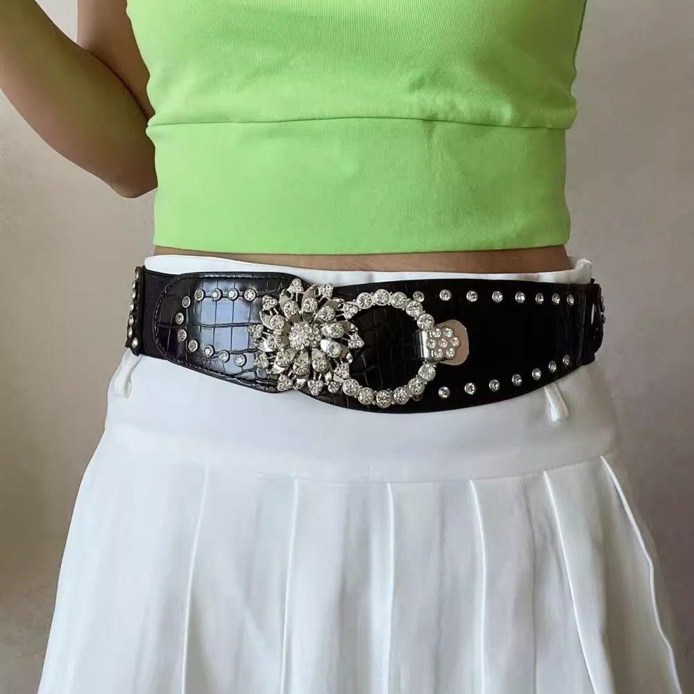 Waist Closure Waist Corset Belts Metal Buckle Wide Rhinestone Belt Elastic Cummerbunds  Ladies