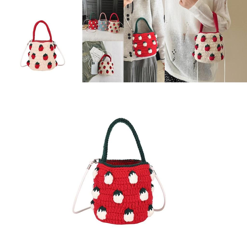 Cute Color Blocking Strawberry Pattern Women Knit Handbag For Daily Use
