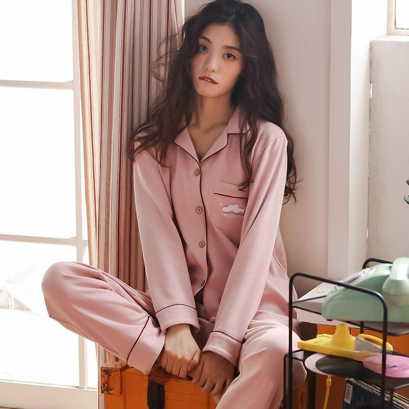 Spring and Autumn Pajamas, Women's Long-sleeved Trousers, Cotton Homewear, Sweet Solid Color Suit