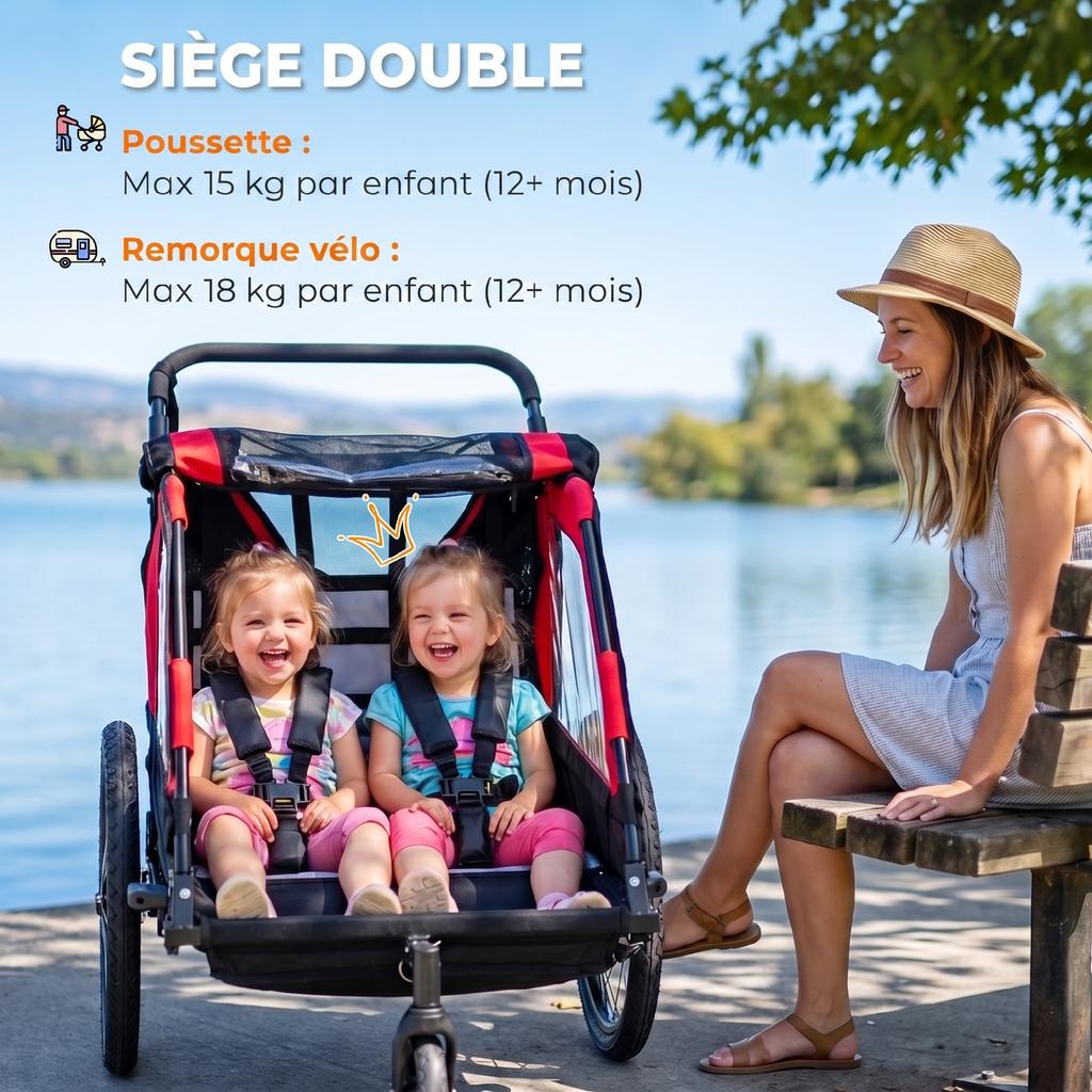 Child Bike Trailer 2 In 1, Baby Bike Stroller 2 Seats, Adjustable Handlebar, Hand Brake, Seat Belt, Red