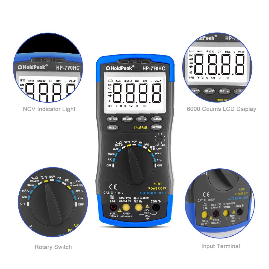 HoldPeak HP-770HC Digital Multimeter Tester True RMS Smart Autoranging Probe With NCV+HP-605A Clamp Adapter 600A AC/DC Current