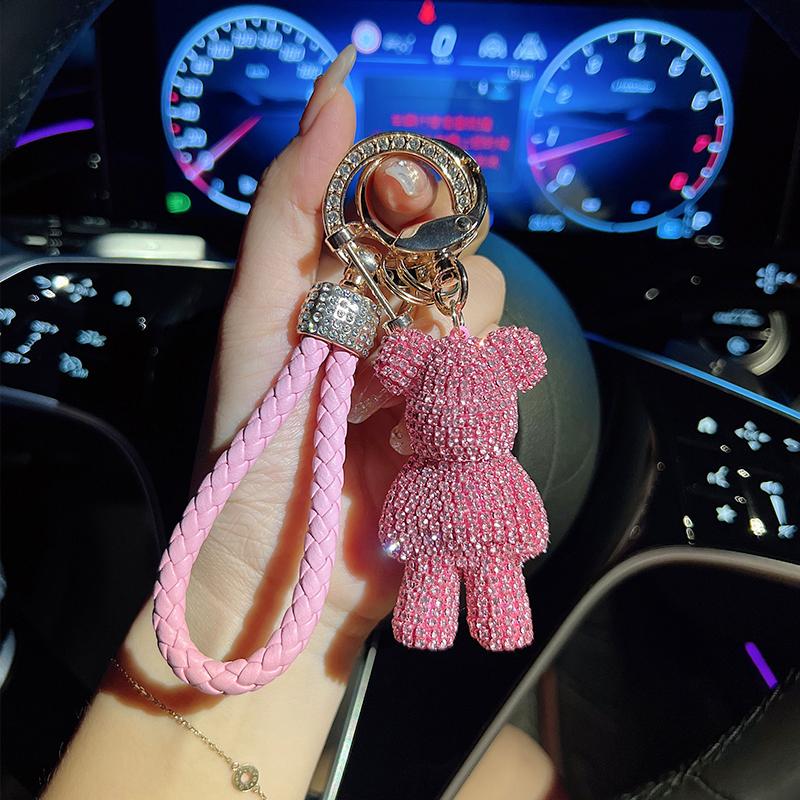 Fashionable Diamond Bear Car Keychain Creative with Rope Keychain Creative Bag Pendant Gift