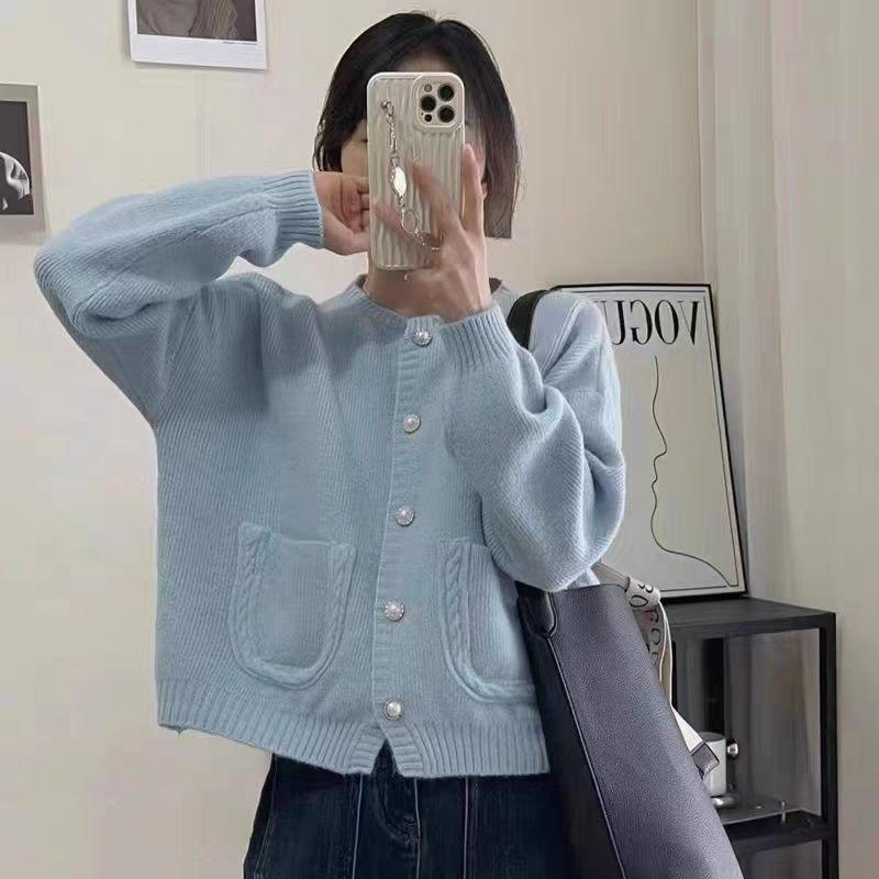 Cardigan Sweater Spring and Autumn Loose Round Neck Sweater Coat Top Women Soft Glutinous Sweet Single Breasted Knitted Cardigan