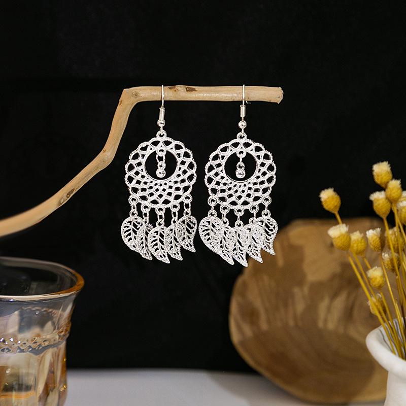 Ethnic Miao Silver Style Long Tassel Earrings with Ancient Scenic Stud Design for Women