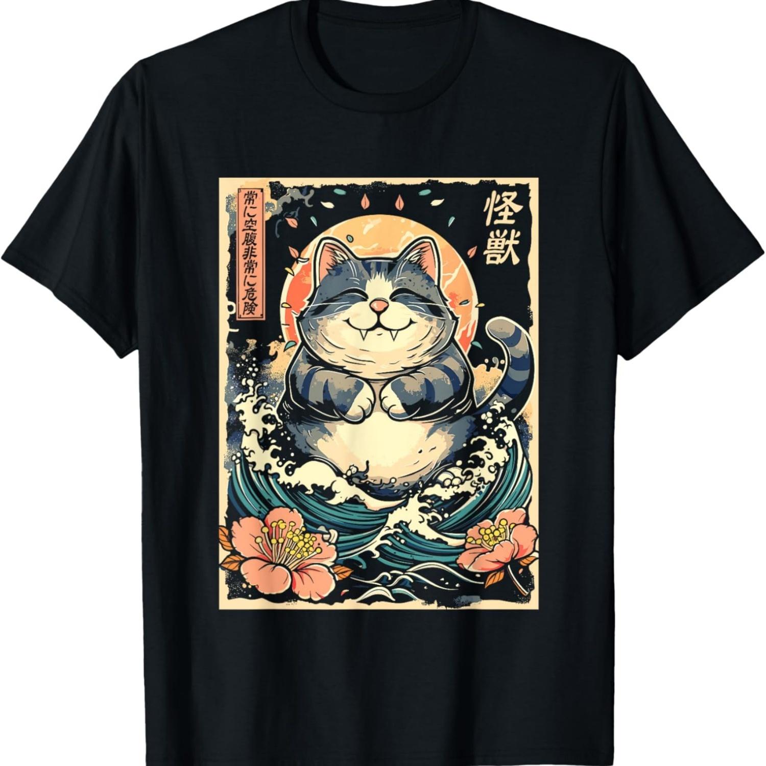 Japanese Kaiju Cat Neko Zilla Sea Wave, Men, Women , Kids T-Shirt S чёрный