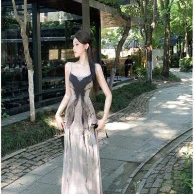 Women's Ink Wash Gradient Sling Dress Slim Fit Flowy Maxi Party Dress