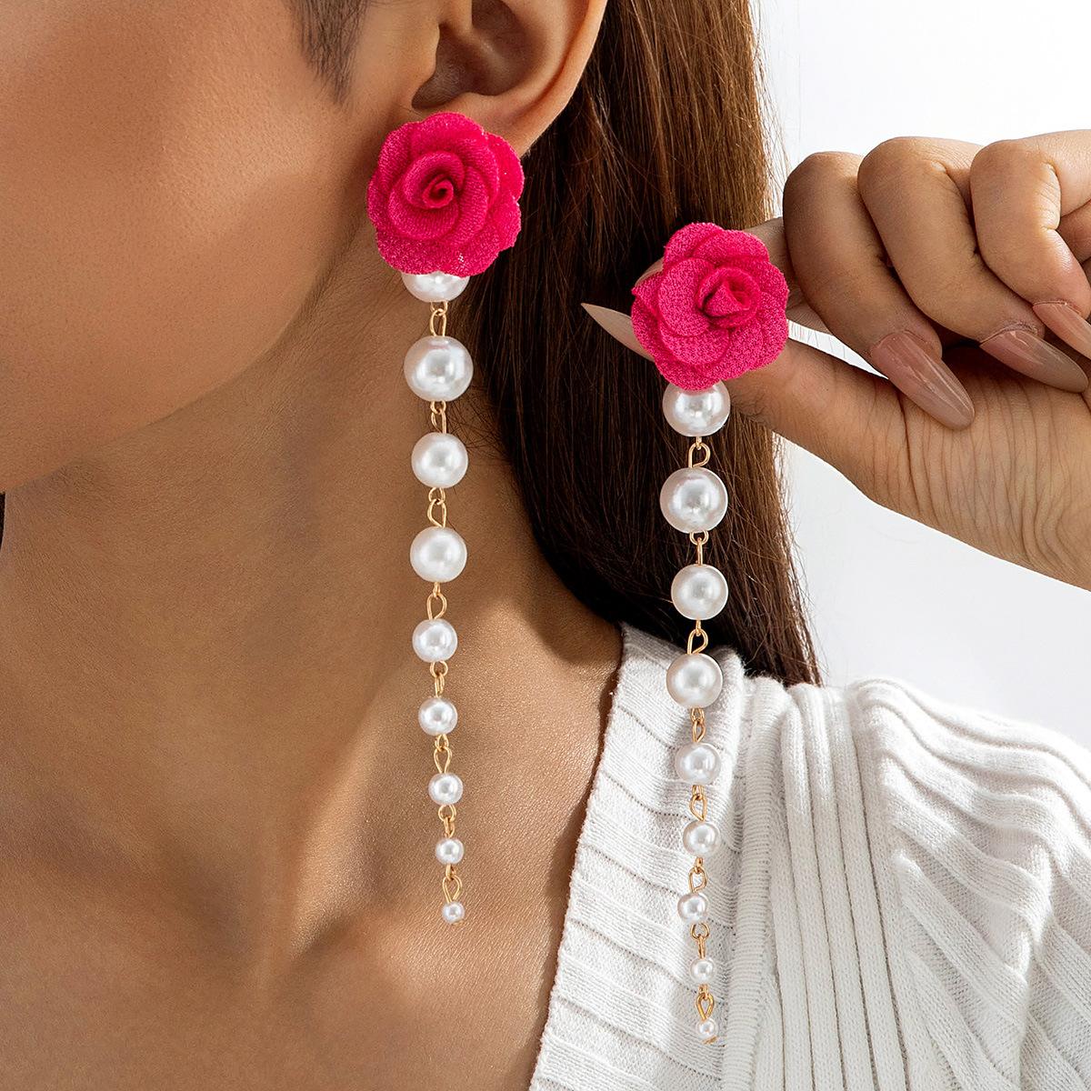 Accessories, French fabric rose flower earrings, temperament long fringed pearl earrings earrings