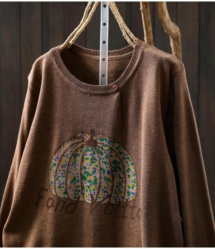 2026 Autumn Women's Pumpkin Print Knit Sweater: Age-Reducing Versatile Round Neck, Long Sleeve Top