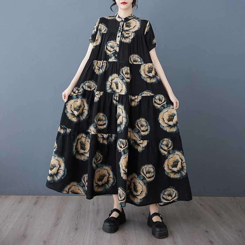 2025 Summer New Women Loose Big Size Fashion Printing Slim Long Dresses
