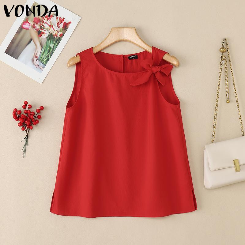 

VONDA Womens Sleeveless Casual Bow Knot Solid Color Tank Tops 4XL червоний