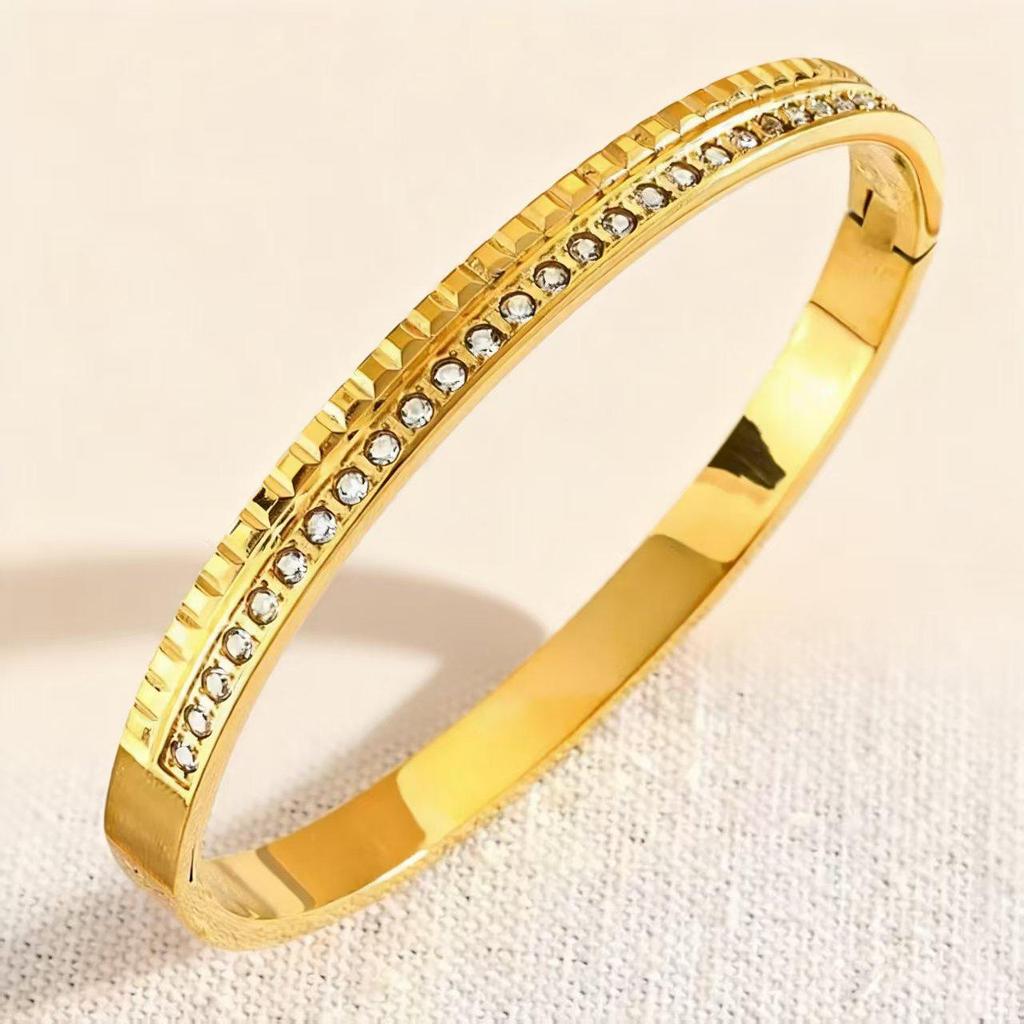 Elegant Roman Numeral Intertwined Titanium Steel Bracelet for Women - Diamond Inlaid, Double Layer, Colorfast Jewelry