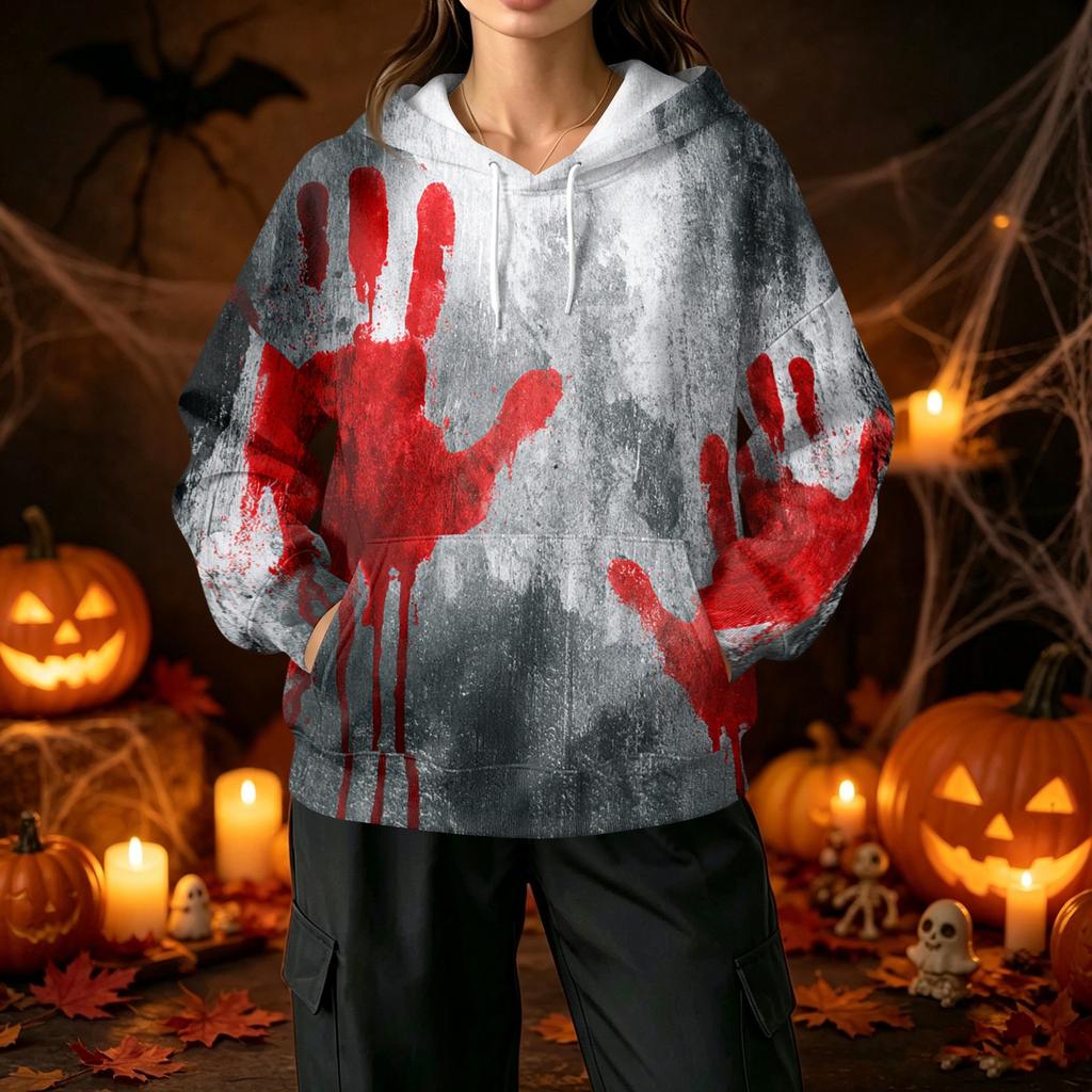 Damen Halloween Print Pullover Hoodie mit und Taschen Lässiges Langarm Top