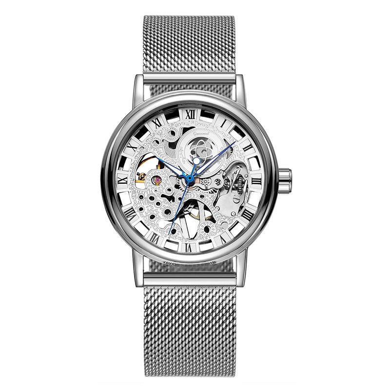 Топ Бренд Мужские Механические Часы с Ручным Заводом Мода Бизнес Сетчатый Ремешок Скелетон Задняя Крышка Механические Водонепроницаемые Наручные Часы