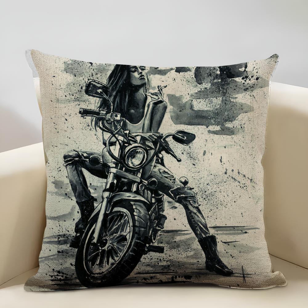 Female motorcyclist Cushion Household Decoration Linen Sofa Cushion Cover: Skin-Friendly & Breathable with Invisible Zipper