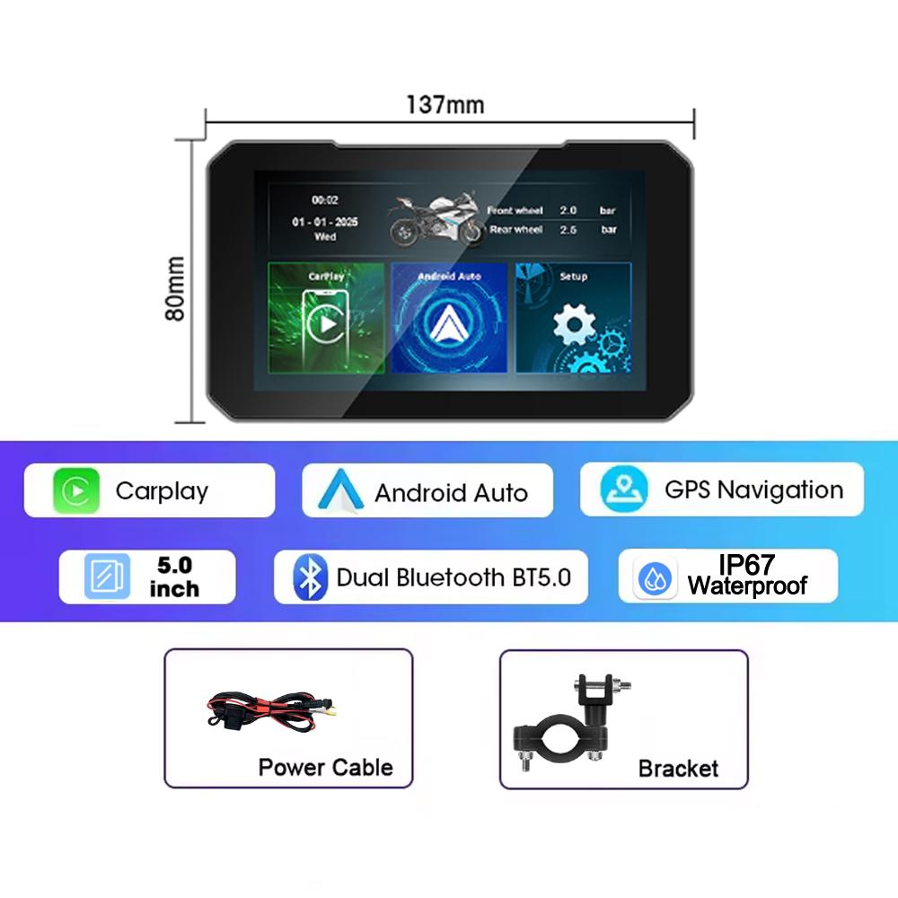 

5 Portable Motorcycle Navigation GPS Wireless Carplay&Android Auto Moto Monitor IPX67 Waterproof Display Dual Bluetooth 5.0