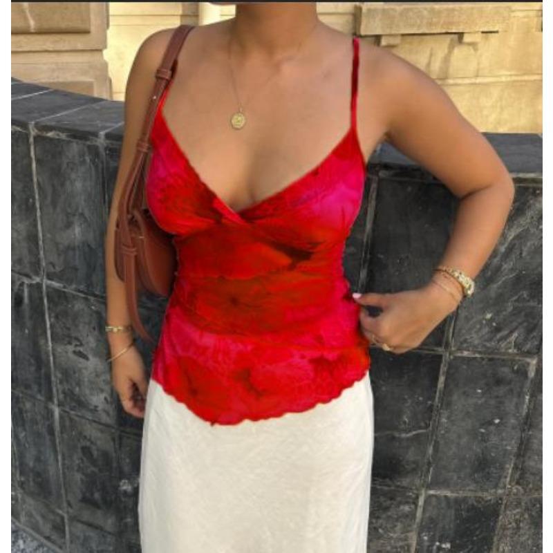 Women's New Printed Camisole Lace Waist Cinching Tank Top