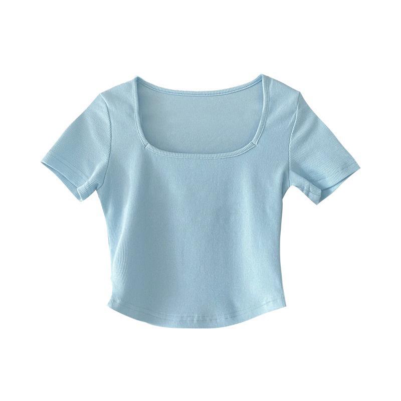 Women's Korean Style Slim Fit Wide U-Neck Crop Top - Solid Color, Short Sleeve, Oversized, Summer Layer.