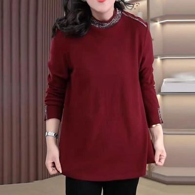 Roter Rundhals-Unterzieher aus Samt für Damen, Herbst und Winter, Neues vielseitiges mittellanges lockeres Temperament-Langarm-Oberteil